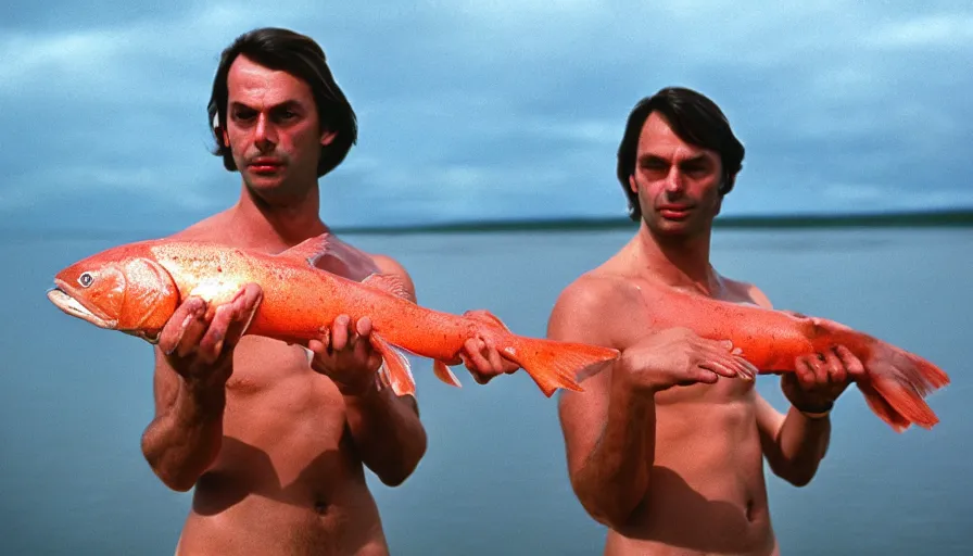 Prompt: 7 0 s movie still of thierry baudet in speedo, proudly holding a salmon on a fishing trip in siberia. cinestill 8 0 0 t _ 3 5 mm eastmancolor, heavy grain, high quality, high detail