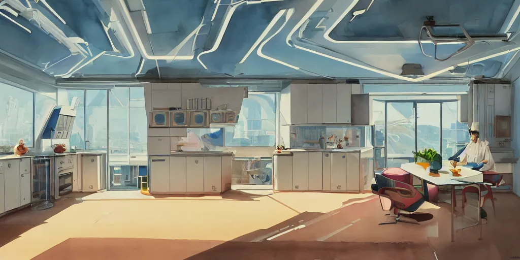Image similar to a beautiful illustration of futuristic kitchen, lots of furniture, big medium small, sacred geometry, golden ratio, in watercolor gouache detailed paintings, in style of syd mead, trending on artstation, 8 k, panel, hard surface, wallpaper, zaha hadid, scattered props, plant, cozy, decoration, simon stalenhag, wes anderson, moebius