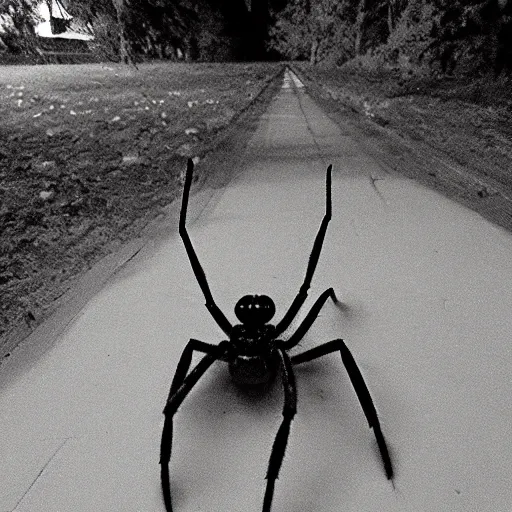 Image similar to trailcam footage of giant spider pennywise, night, creepy, grainy footage