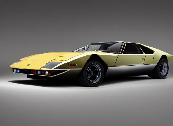 Prompt: a blending and amalgamation of a lamborghini countach, with a long front end like datsun 2 6 0 z or jaguar e - type, concept art, 8 k, highly detailed