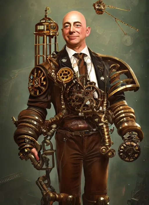 Image similar to steampunk bioshock jeff bezos is a muscular bodybuilder, au naturel, hyper detailed, digital art, trending in artstation, cinematic lighting, studio quality, smooth render, unreal engine 5 rendered, octane rendered, art style by klimt and nixeu and ian sprigger and wlop and krenz cushart.