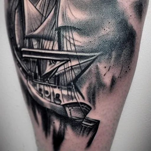 Image similar to A magical pirate ship, tattoo design on white background, hyper realistic shaded tattoo, award winning tattoo