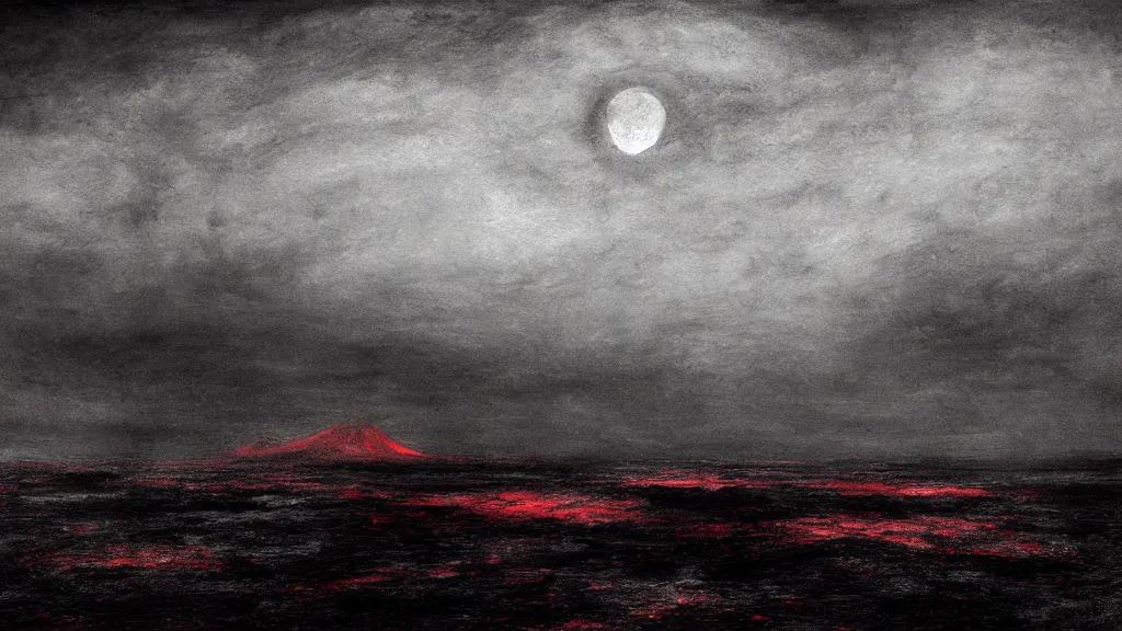 Prompt: the unknown place beyond the sea, ethereal world of dead oceans and burning mountains, under a pale dead moon, reds and blues and greys, a lifeless dried husk of a world, folk horror, dramatic dark eerie lighting, horrific surreal nightmare, 8k resolution artwork, horror art, eerie, creepy, trending on artstation, painting, elaborate excellent painted illustration, smooth, sharp focus