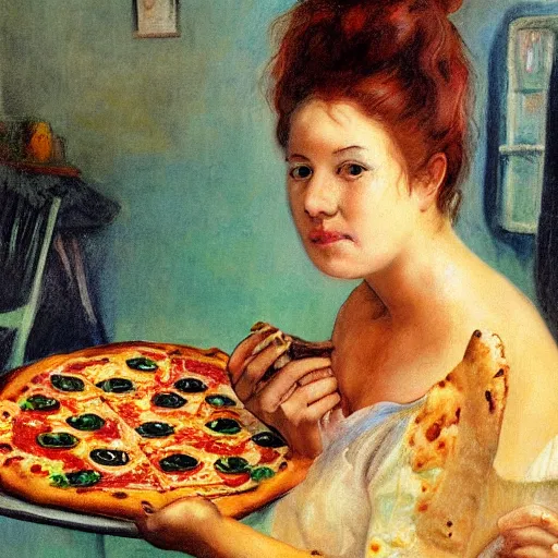 Prompt: A beautiful print of a young lady with a serious case of the munchies, eating an entire pizza while sitting in front of an open refrigerator. body paint by Harriet Backer, by Go Nagai funereal