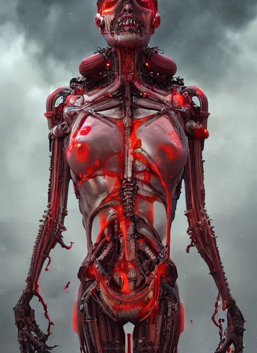 Image similar to cyborg goddess face, red liquid dripping from above, 8k details, high details, sinister vibe, dark room, many wires attached to her, rib cage exposed, bodies in the back, menacing look, octane render, hyper realistic by h.r. giger and peter mohrbacher