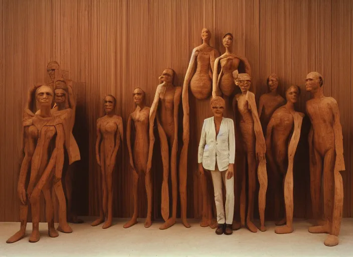 Image similar to realistic photo portrait of the a sculpture of a group portrait of students made of wood, poorly designed in style of arte povera, fluxus, dadaism, joseph beuys, ugly standing in the wooden polished and fancy expensive wooden museum interior room 1 9 9 0, life magazine reportage photo