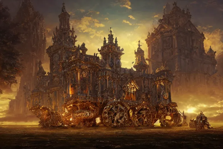 Prompt: a mobile driving ornate baroque church mounted on chain drive, warhammer 4 0, scene in an open field. key visual, conceptart, ambient lighting, highly detailed, digital painting, artstation, concept art, sharp focus, by makoto shinkai and akihiko yoshida and kris kuksi