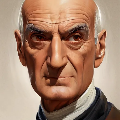 Image similar to Louis de Funès, portrait, headshot, D&D, fantasy, highly detailed, digital painting, artstation, concept art, sharp focus, illustration, art by artgerm and greg rutkowski and alphonse mucha