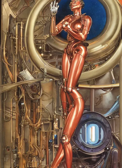 Prompt: Robotic beautiful oracle woman posing in front of a science facility painted by Hajime Sorayama and Alberto Vargas, moebius, giger, mucha , tarot, dramatic lighting