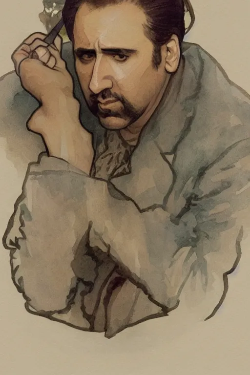 Image similar to watercolor illustration of nicolas cage playing poker in korea, by alphonse mucha, highly detailed, digital illustration, trending in artstation, modern painting, smooth, sharp focus, intricate