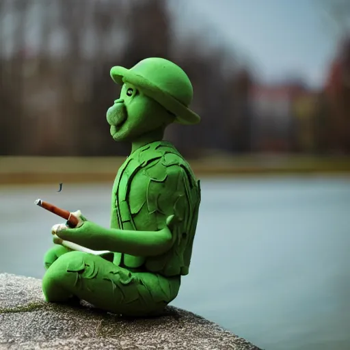 Image similar to cinematic shot of a cute green clay man smoking a cigarette and sitting by a riverbank, 8k, highly intricate, highly detailed,