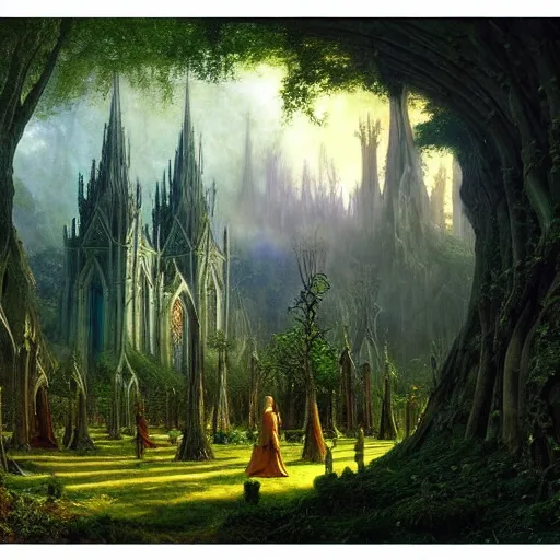 Prompt: a beautiful and highly detailed matte painting of an elven cathedral in a magical celtic forest, otherworldly trees and plants and flowers, detailed spires, wide angle, by caspar friedrich, albert bierstadt, james gurney, brian froud,