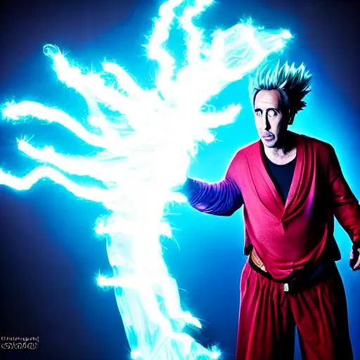 Prompt: uhd candid photo of cosmic nicholas cage impersonator as a super sayian powering up, glowing, global illumination, studio lighting, radiant light, hyperdetailed, correct face, elaborate intricate costume. photo by annie leibowitz