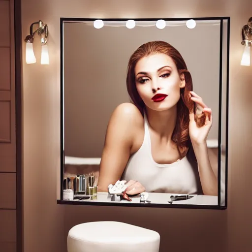 Prompt: a beautiful woman sitting at a vanity in front of a mirror, beautiful face, fashion photography, elegant furniture