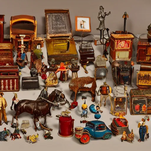 Prompt: A highly detailed photograph of a collection of antique toys