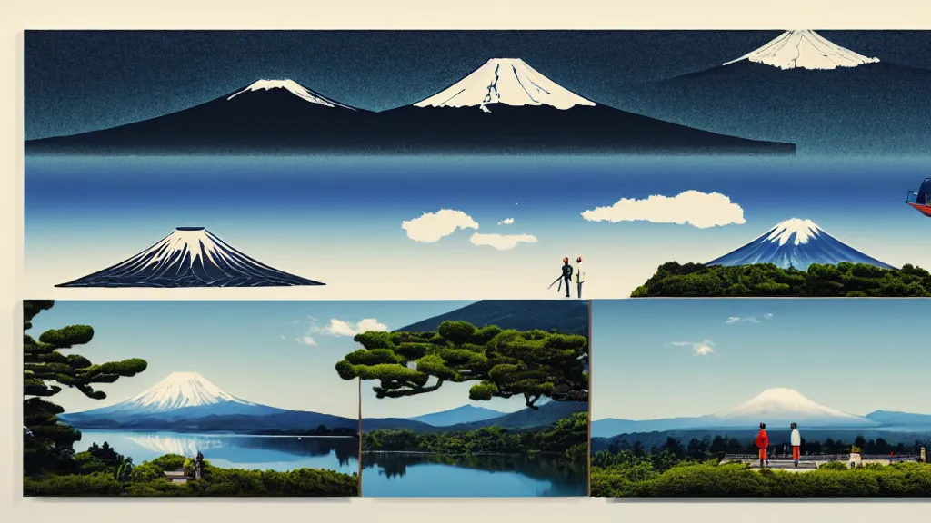 Image similar to a scene of two travellers and their campter touring at yamanaka lake, reflecting mount fuji, japan, a collage painting, in the style of wes anderson, lola dupre, david hockney, isolated on negative white space background dark monochrome neon spraypaint accents volumetric octane render