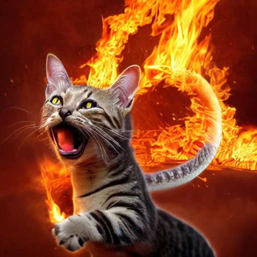 Image similar to highly detailed 4 k realistic photo of a cat battling a fire breathing dragon