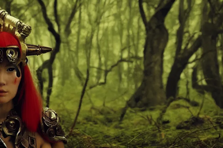 Image similar to vfx movie scene closeup nomad cyborg warrior viking geisha in a smoldering forest. by emmanuel lubezki