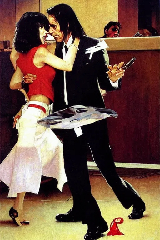 Image similar to Mia Wallace and Vincent Vega dancing Pulp Fiction painted by Norman Rockwell