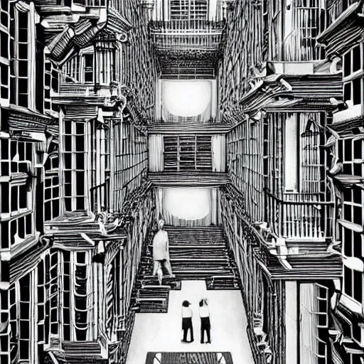 Image similar to a giant spider in a huge bright maze of many doorways and lots of stairs, many doorways, inside MC Escher architecture, artstation, Junji Ito, epic composition