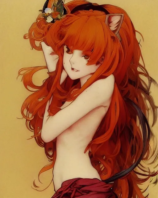 Prompt: A cute painting of a very very beautiful anime skinny foxgirl with curly orange colored hair and fox ears on top of her head wearing a nice red dress with quake 3 symbolic looking at the viewer, elegant, delicate, soft lines, higly detailed, smooth , pixiv art, ArtStation, artgem, art by alphonse mucha Gil Elvgren and charles reid, high quality, digital illustration, concept art, long shot