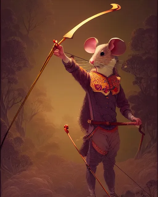 Image similar to anthropomorphic art of anthropomorphic archer mouse holding a bow, victorian bright clothing by artgerm, victo ngai, ryohji hase, artstation, highly detailed digital painting, smooth, global illumination, fantasy art by greg rutkowsky, karl spitzweg