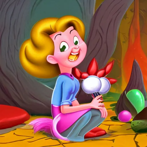 Prompt: full body portrait of Esmerelda (Tiny Toons (1990)) sitting around a campfire telling stories with her friends, by Jeff Coons, by Todd Nauck, 3D, UE5, ultra high textures, shiny, dark vignette, burning embers, nostalgic, muted colors, desaturated, volumetric, slightly drunk, candy rush, autochrome, tranquil, starry night, marshmallows, s'mores, highly detailed, busy, 4K, 8K, HQ