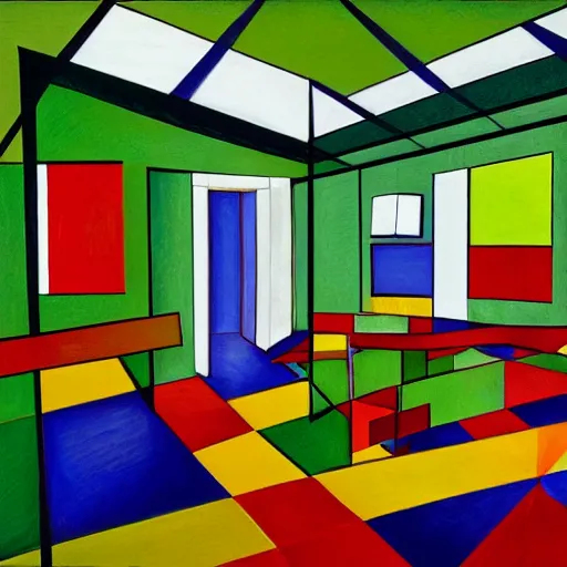 Image similar to a large room with a green lawn in the middle of it, a cubist painting by gilberto soren zaragoza, cg society, modernism, symmetrical, cubism, windows vista