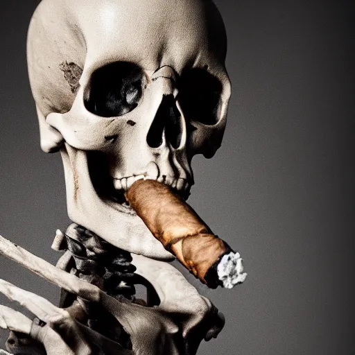 Prompt: A skeleton smoking a cigar, portrait, professional photography, visible smoke