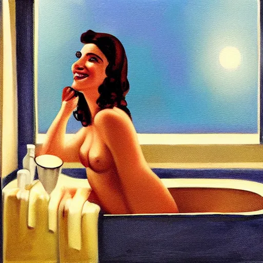 Image similar to realistic oil painting of young woman in a bathtub full of milk, smiling with her eyes closed as she washes herself, city lights from art deco window