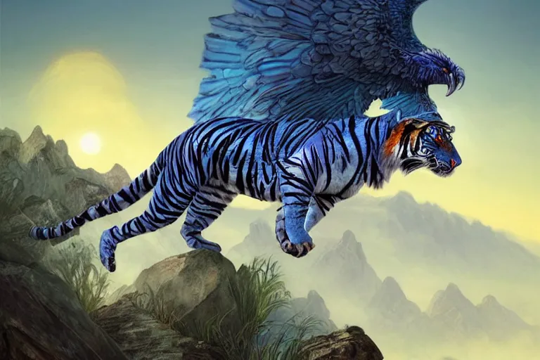 Prompt: Blue feathered Tiger with wings on a beautiful fantasy landscape, hills, mountains, moonlit, HD, illustration, epic, D&D, fantasy, intricate, elegant, highly detailed, digital painting, artstation, concept art, smooth, sharp focus, illustration, art by artgerm and greg rutkowski and alphonse mucha