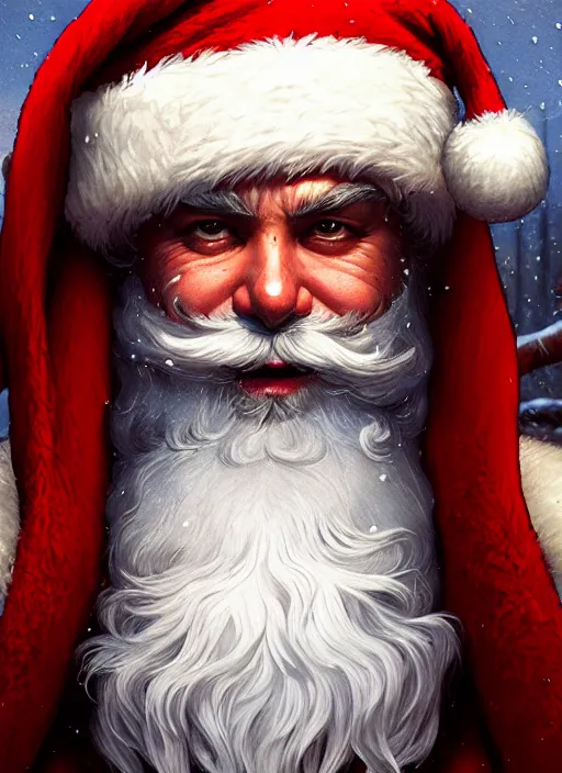 Image similar to Highly detailed portrait of santa claus on cocaine, in GTA V, Stephen Bliss, unreal engine, fantasy art by Greg Rutkowski, Loish, Rhads, ferdinand knab, Makoto Shinkai and Lois van baarle, ilya kuvshinov, rossdraws, Tom Bagshaw, alphonse mucha, global illumination, radiant light, detailed and intricate environment