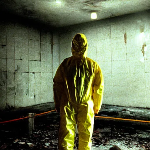 Image similar to news reporter in a hazmat suit 1 9 9 0 s news found footage of an abandoned soviet downtown with a humanoid scp hidden in background, liminal space, backrooms, scp, film grain, rundown, eerie, dark lighting, 3 5 mm, realistic, photograph, hazmat suits, foggy, silent hill style, detailed, hyperrealistic