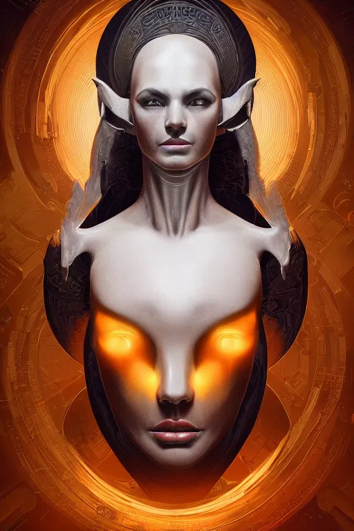 Image similar to dreamy poltergeist fused with calibos, android goddess, elegant ornate body pattern, portrait, intricate details, by vincent di fate, artgerm, julie bell, beeple and Greg Rutkowski, 90s, concept, Smooth gradients, octane render, 8k, High contrast, duo tone, depth of field, very coherent symmetrical artwork