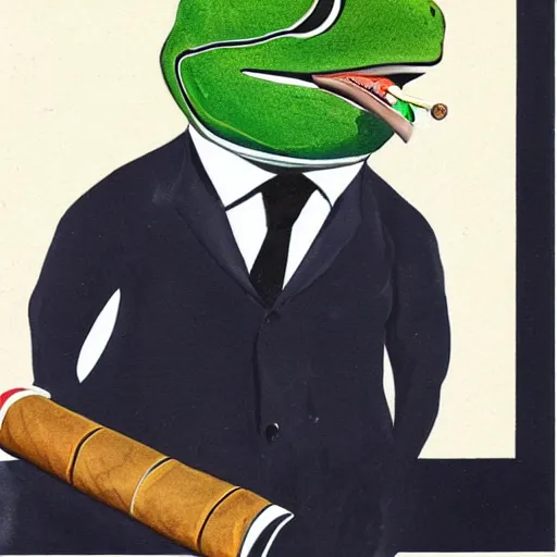 Image similar to a frog 🐸 wearing a suit smoking a cigar