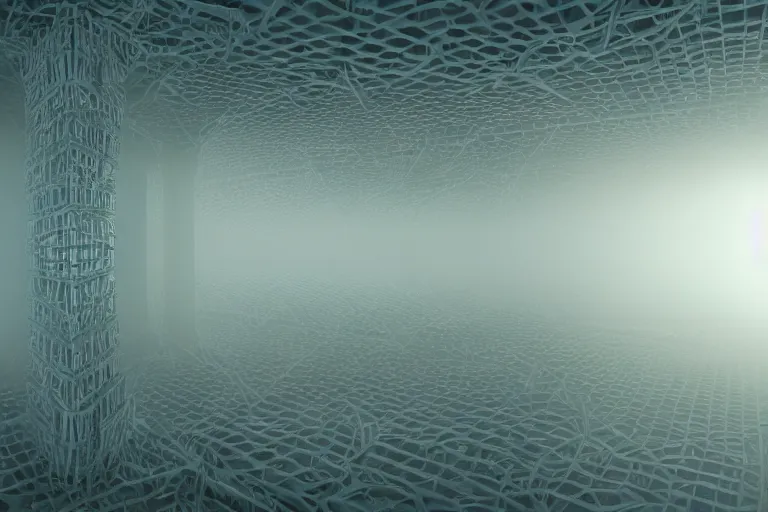Prompt: a complex organic fractal 3 d ceramic skeleton megastructure, cinematic shot, foggy, 3 point lighting, photo still from movie by denis villeneuve