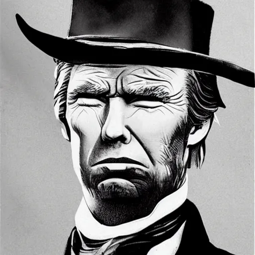 Image similar to an 1 8 0 0 s photo of donald trump playing the role of clint eastwood, squinting at high noon, in the style of a clint eastwood movie, the good, the bad and the ugly, clint eastwood, vibe, donald trump, glory days, mount rushmore, justice, american flag, independence, patriotism, apple pie, black and white, artgerm