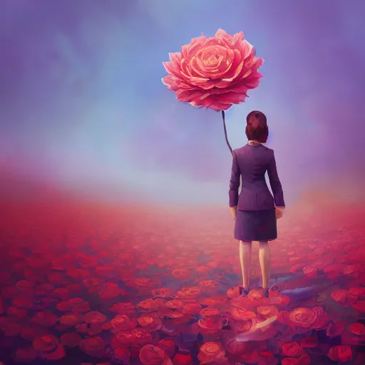 Image similar to closeup, giant rose flower head, frontal, girl in a suit, surreal photography, sunrise, dramatic light, impressionist painting, digital painting, artstation, simon stalenhag