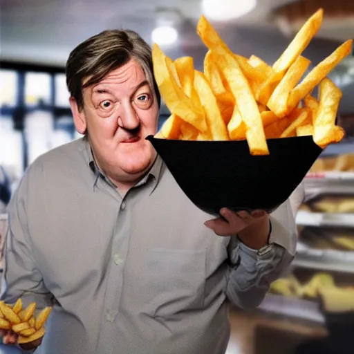 Image similar to photo of [ a single french fry chip ] shaped into stephen fry as a pixar character hybrid intercross mix cinematic lighting