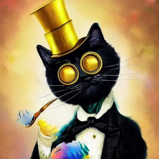 Image similar to cat with a monocle and top hat by bob ross and lisa frank and greg rutkowski