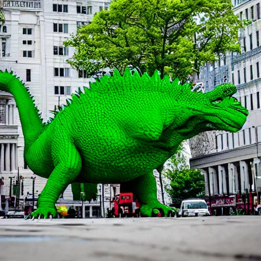 Image similar to madison wisconsin capital being attacked by huge green godzilla ( 1 9 8 9 ) eos 5 ds r, iso 1 0 0, f / 8, 1 / 1 2 5, 8 4 mm, postprocessed, bokeh )