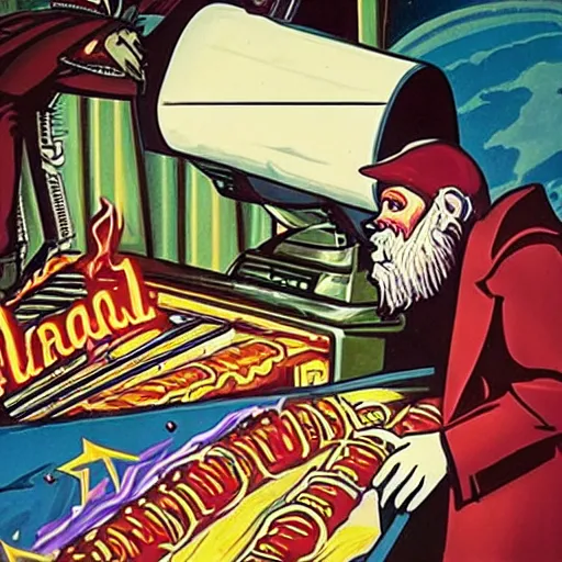 Image similar to pinball machine marquee artwork, an evil space wizard holding a tray of hot dogs over a trashcan in a threatening way, inside a 1 9 8 0's italian mansion