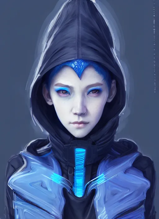 Image similar to full body portrait of a blue witch within a techwear. cynical face, concept art, fantasy illustration, intricate, highly detailed 8 k, smooth, sharp focus, beautiful and aesthetic shape of face and body, artgerm, artstation, art by zexi guo and nira and junpei suzuki and gharliera and rinotuna