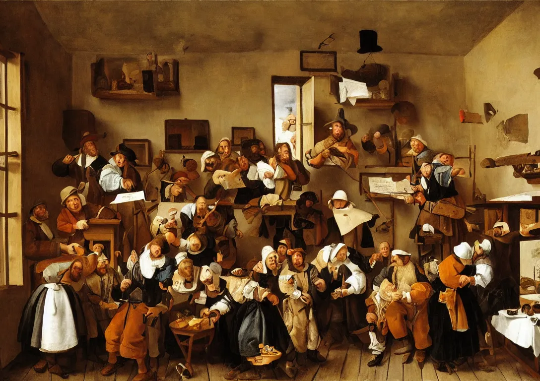 Image similar to Jan Steen arranges various actors in a small room with a window and low ceiling.