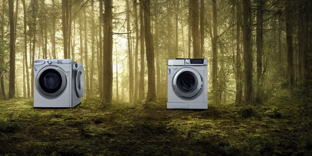 Prompt: futuristic washing machine in a timber forest, spring, cinematic lighting, shot on arri alexa