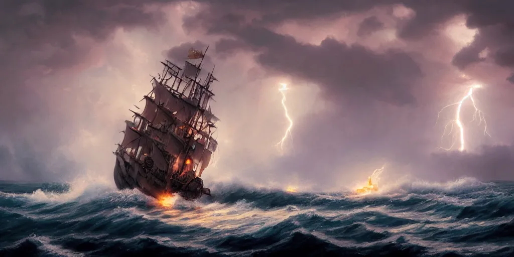 Image similar to Lightning striking a pirate vessel as it sails on wild ocean waters during a thunderstorm, crashing waves, cozy wallpaper, 4k, high details, volumetric dynamic lighting, motion blur, blur, bokeh, trending on Artstation, award-winning, art by Chris Moore, by Greg Rutkowski