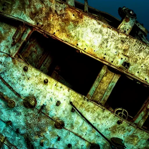 Prompt: a rusty shipwreck in an underwater tunnel, underwater photograph, creepy, eerie, surreal, submechanophobia, scary lighting,