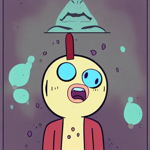 Image similar to a person with bloodshot eyes and tongue out staring at the computer with despondence, adventure time style