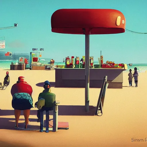 Image similar to fast food counter by the beach by simon stalenhag