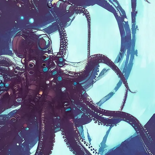 Image similar to Octopus in space, cyberpunk, realistic, detailed, Industrial Scifi, paint, watercolor, in the style of Ashley Wood and Wadim Kashin